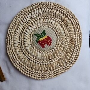 Vintage Rattan Trivet Hot Pad Pot Holder Strawberry Cross Stitch Wall Art